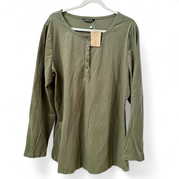 NWT Bloomchic (3X / 22-24) long sleeve army green Henley tee, 3/4 Button Down T- - Picture 2 of 6